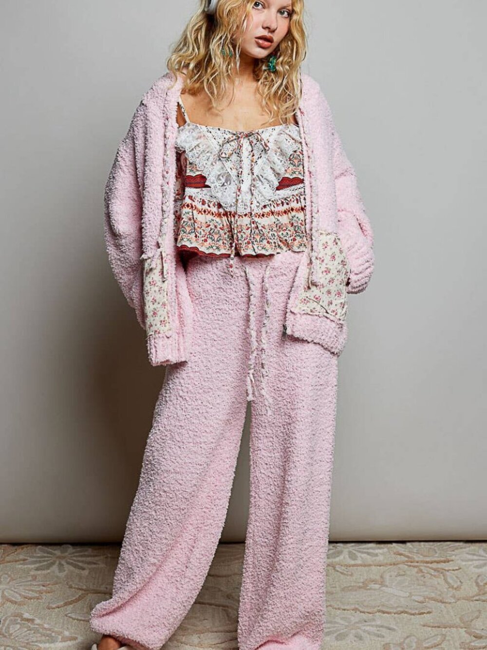 POL NWT Floral Printed Cozy Pink Berber Sweater Hoodie Zip-Up Jacket - Picture 2 of 7
